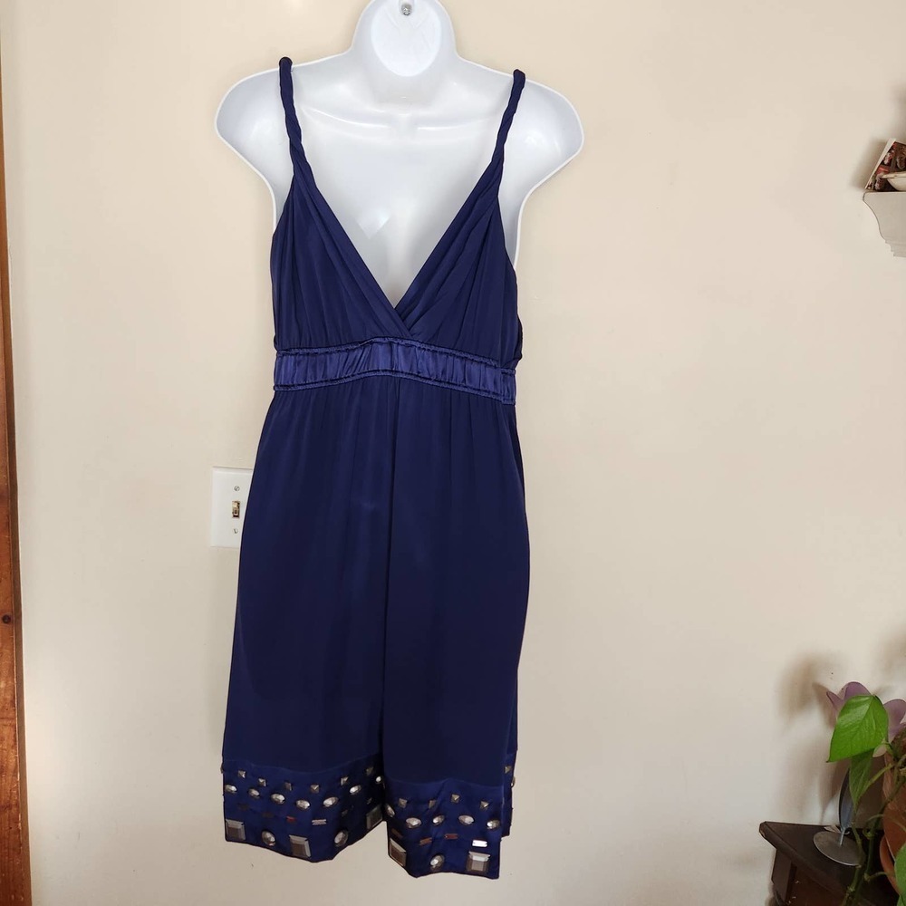 Hale Bob Navy Blue Silk Blend Embellished V-Neck Empire Waist Mini Dress Size M - Picture 4 of 10